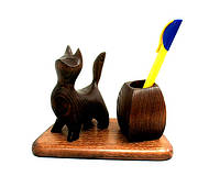 Подставка для ручек из дерева со статуэткой Кот