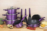 Набор кухонной посуды Edenberg 15 предметов с мраморным покрытием фиолетовый металлик (EB-5627)