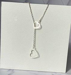 Срібне кольє жіноче з двома сердечками Ланцюжок з кулоном жіночий срібло 925 проби