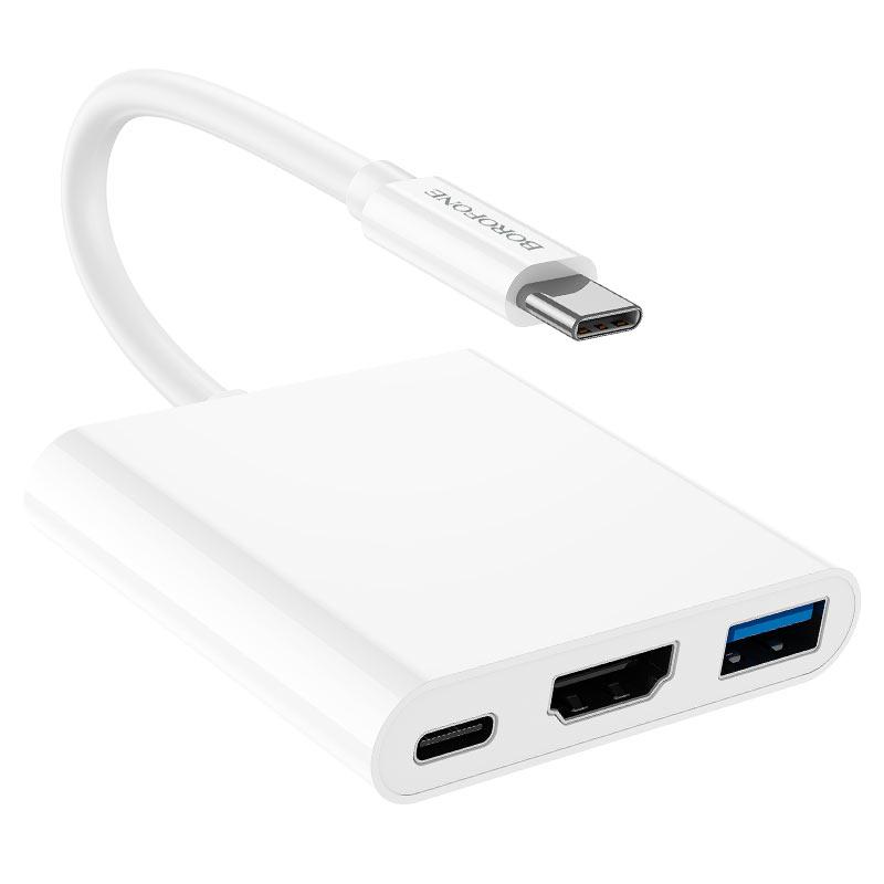 USB-hub хаб адаптер перехідник BOROFONE DH4 |Type-C на USB3.0 + HDMI(4K / 30Hz) + Type-C(PD60W)| Білий