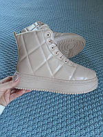 Женские зимние ботинки с мехом Бежевые Зима утепленные женская зимняя обувь