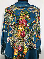 Женский платок Цветы с бахромой в украинском стиле 145 х 145 см Голубой