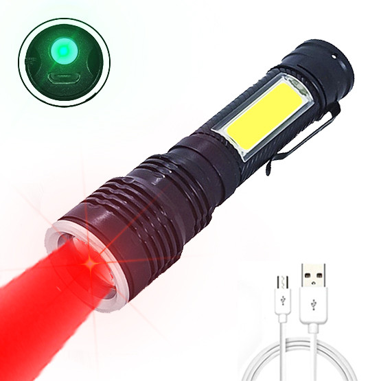 Ліхтар ручний з червоним світлом BL-30S-R,універсальний із зарядкою USB, з фокусуванням, бічне світло, кліпса
