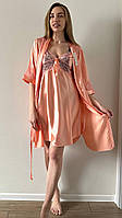 Шикарный пеньюар двойка персикового цвета ( рубашка + халат)