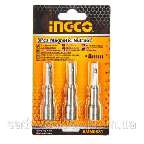 Набір магнітних торцевих головок 8 мм 1/4"×65 мм 3 шт. INGCO, фото 1