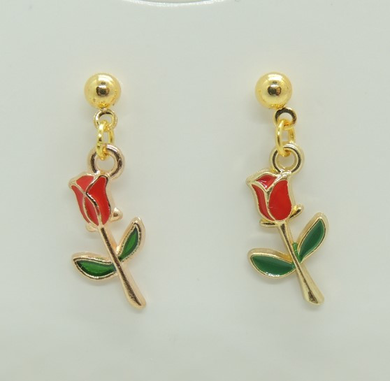 Сережки Liresmina Jewelry сережки-гвоздики цвяшки (пусети) Червоні троянди емаль 2.5 см золотисті