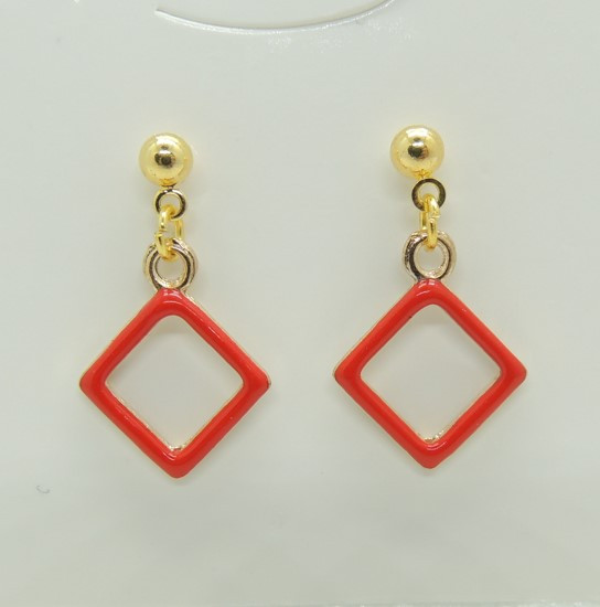 Сережки Liresmina Jewelry сережки-гвоздики (пусети) Червоні ромбики емаль 2.3 см золотисті