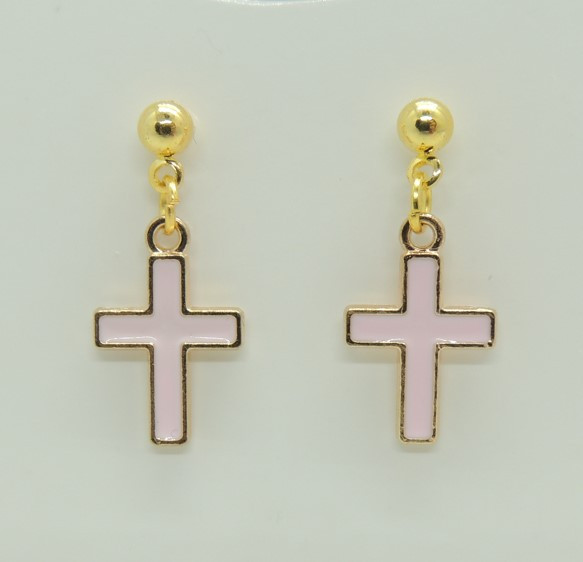 Сережки Liresmina Jewelry сережки-гвоздики (пусети) Рожеві хрестики емаль 2.3 см золотисті