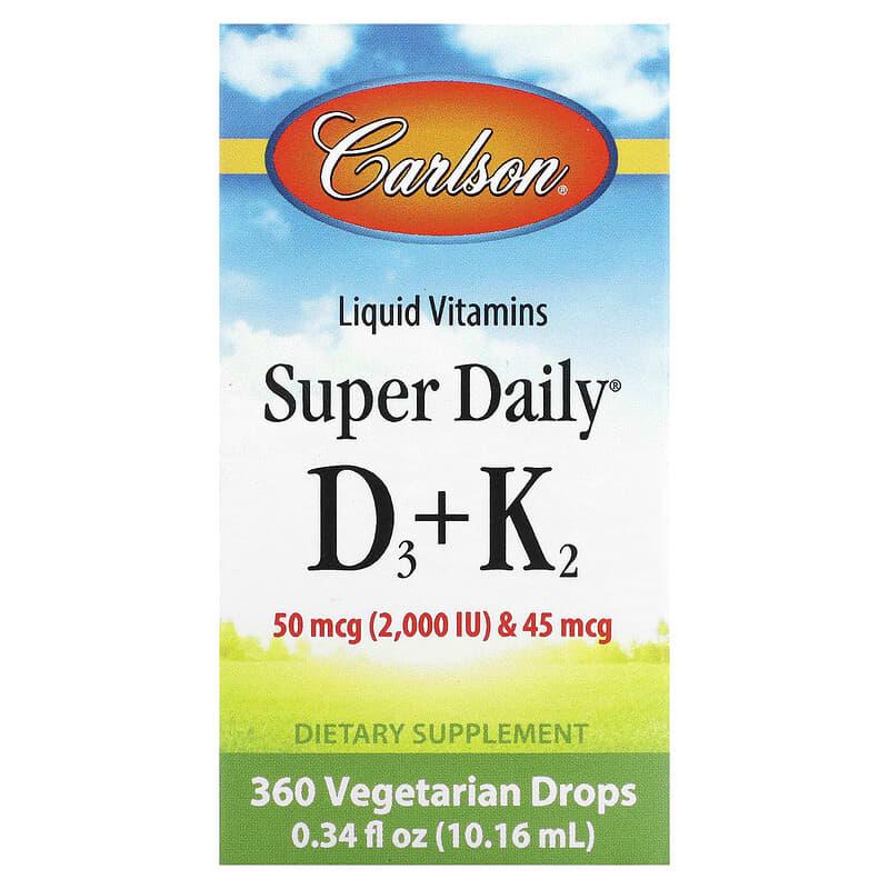 Carlson Labs, Super Daily D3+K2, 50 мкг (2000 МО) і 45 мкг, 360 кропель, 10,16 мл, фото 1