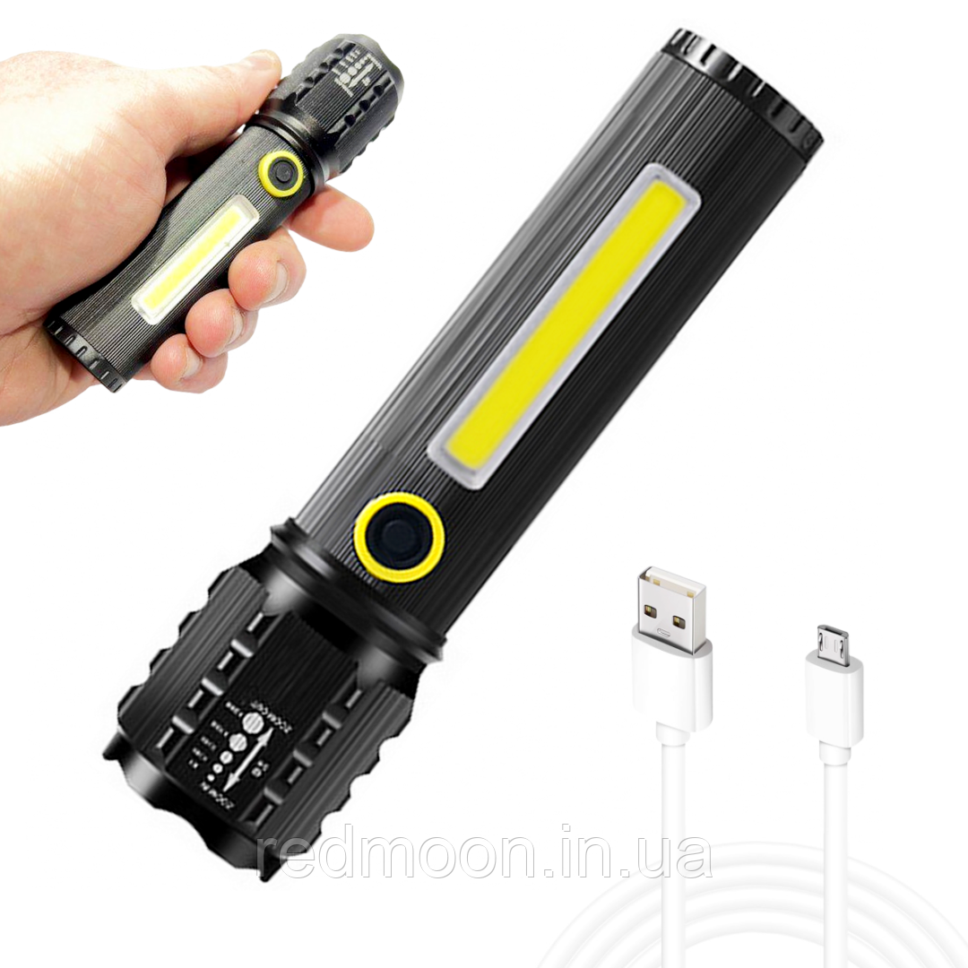 Потужний ліхтар ручний акумуляторний з USB, ZOOM та бічним світлом, BL-C61-P50 + Кейс / Ліхтарик тактичний