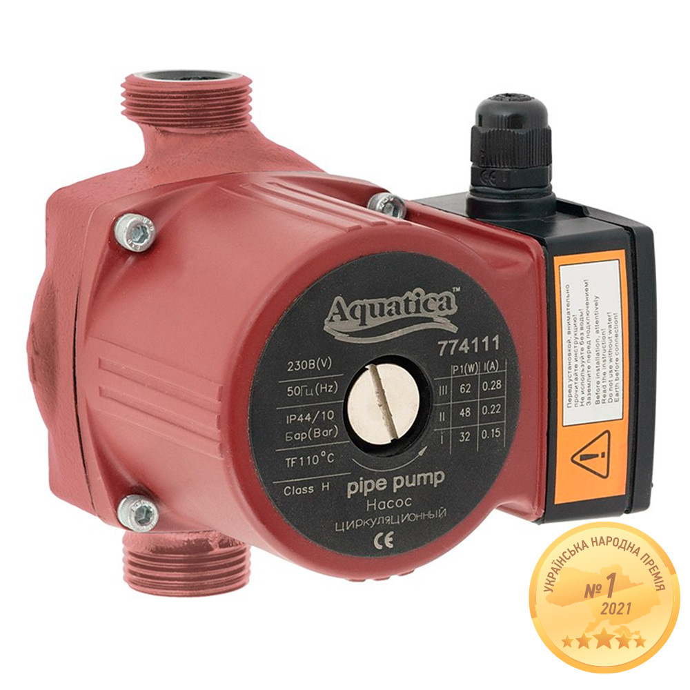 Насос циркуляційний 100 Вт Hmax 6м Qmax 75л/хв Ø1" 130 мм + гайки Ø3⁄4" AQUATICA (774131), фото 1