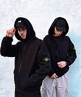 Кофта Stone Island на флисе теплая мужская худи на молнии с капюшоном черная стон айленд