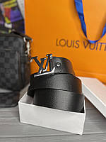 Ремень Louis Vuitton черный с серебристой пряжкой | Мужской стильный ремень Луи Виттон