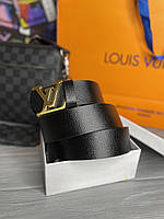 Ремень Louis Vuitton черный с золотистой пряжкой | Мужской стильный ремень Луи Виттон