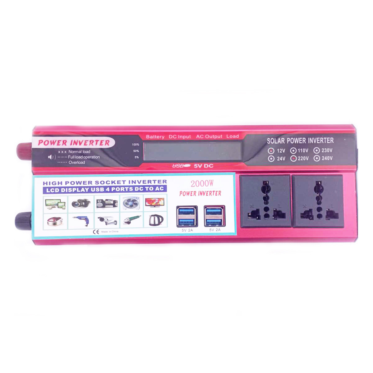 Інвертор Solar Power 2000W 010 12V-220V (2розетки, 4 USB, шнур прикурювача) Red | Перетворювач напруги