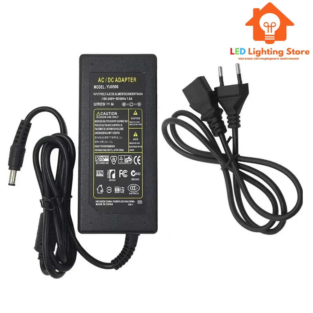 Блок живлення розетковий 5V, 30W, 6А, пластиковий корпус, IP20