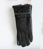 Интересные, модные, чёрные женские перчатки из натуральной кожи и замши черный рюш