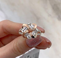 Серебряное кольцо женское с золотыми напайками "Гретта" Красивое стильное кольцо из серебра квадратное