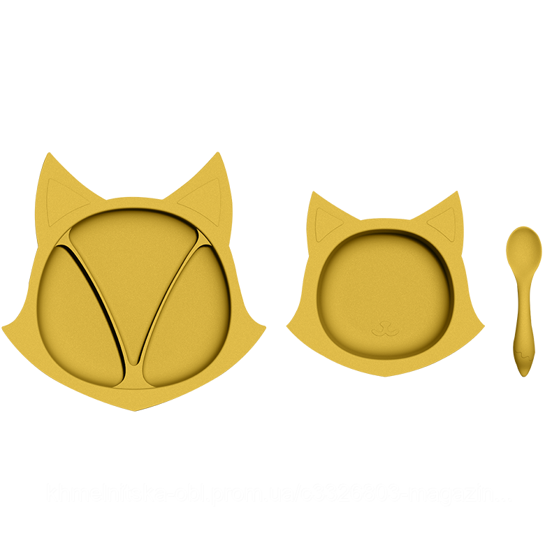 Силіконовий набір дитячого посуду Лисички (тарілка секція, миска, ложка) Mustard, фото 1