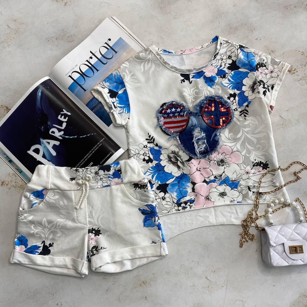 Костюм для дівчинки 2-а шорти в квіти + футболка з Мікі Бело - Синій 1743+1744, Qute Kids, Білий, Для дівчаток, Літо, 110, фото 1