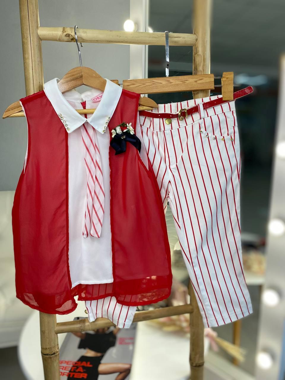 Стильний костюм для дівчинки з блузкою з краваткою 1762 OLIX, Красно-Белый, Девочка, Лето, 12 лет, фото 1