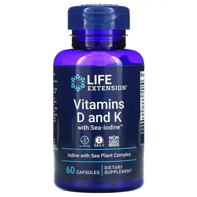 Вітамін Д3 К2, Life Extension, вітаміни D і K з йодом Sea-Iodine, 60 капсул