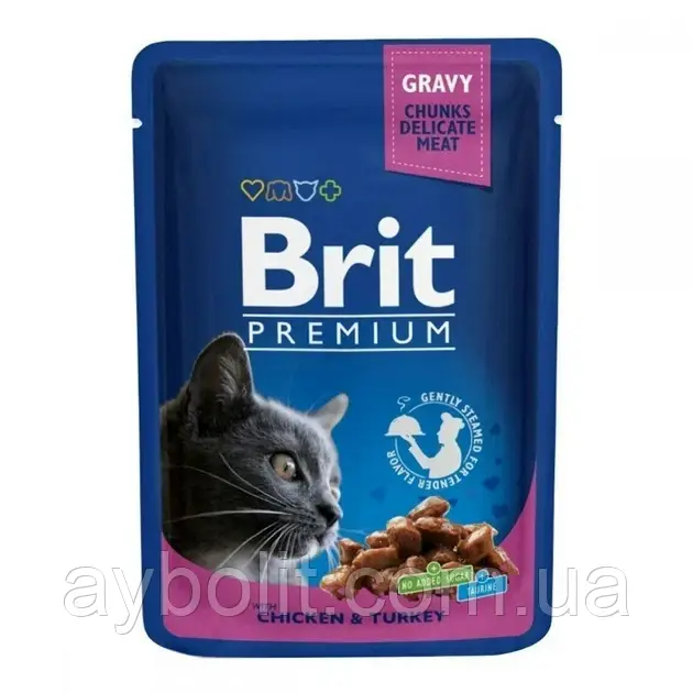Вологий корм для котів Brit Premium Cat Pouches курка з індичкою 100г (8595602506019)