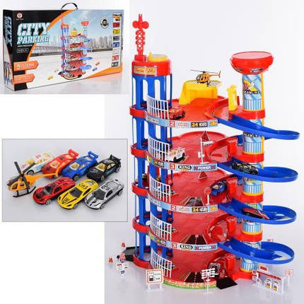 KM0908-56B Гараж іграшка 5 поверхів транспорт8 шт 4-метал дорожні знаки рухомі деталі, фото 1