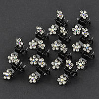 Заколка краб маленький металлический черного цвета цветочки с кристаллами упаковка 12 штук размер 16х16 мм