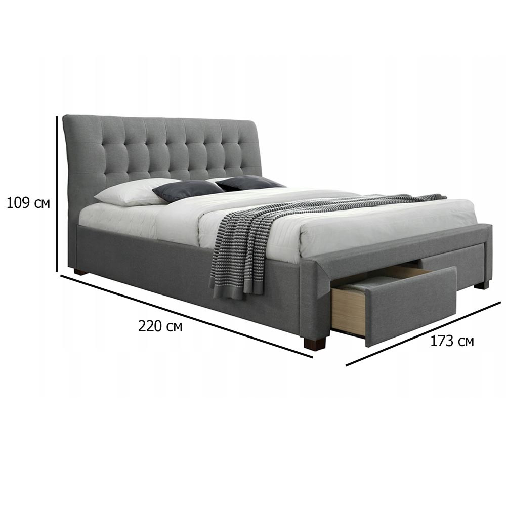 Сіре двоспальне ліжко дерев'яне з оббивкою з тканини Percy 160х200 см з шухлядами без матраца, фото 1