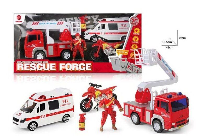 Набір техніки Rescue Force, підсвічування, звук, пожежна, швидка, мотоцикл, ігрова фігурка, у коробц
