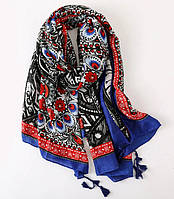 Женский шарф синий с кисточками восточный бохо 190*90 см