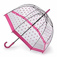 Женский зонт-трость прозрачный Fulton Birdcage-2 L042 Pink Polka розовые кружочки