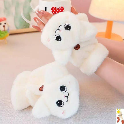 Жіночі рукавички з півальцями Котик білий, фото 1