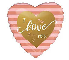 Фольгована кулька серце I Love You золотий в полоску 18" Китай