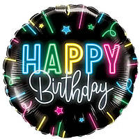 004 Фольгована кулька коло Happy Birthday чорний неон 18" Китай
