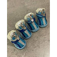 Спортивные зимние ботинки для собак на плотной подошве со змейкой и с липучкой, синего цвета