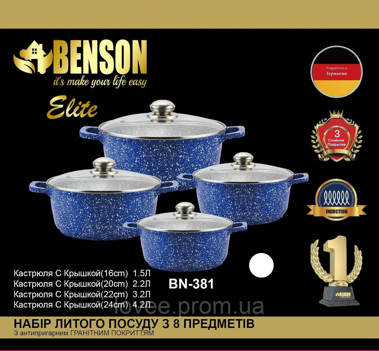 Набір каструль із гранітним покриттям 8 предметів BN-381 Синій із білими домішками