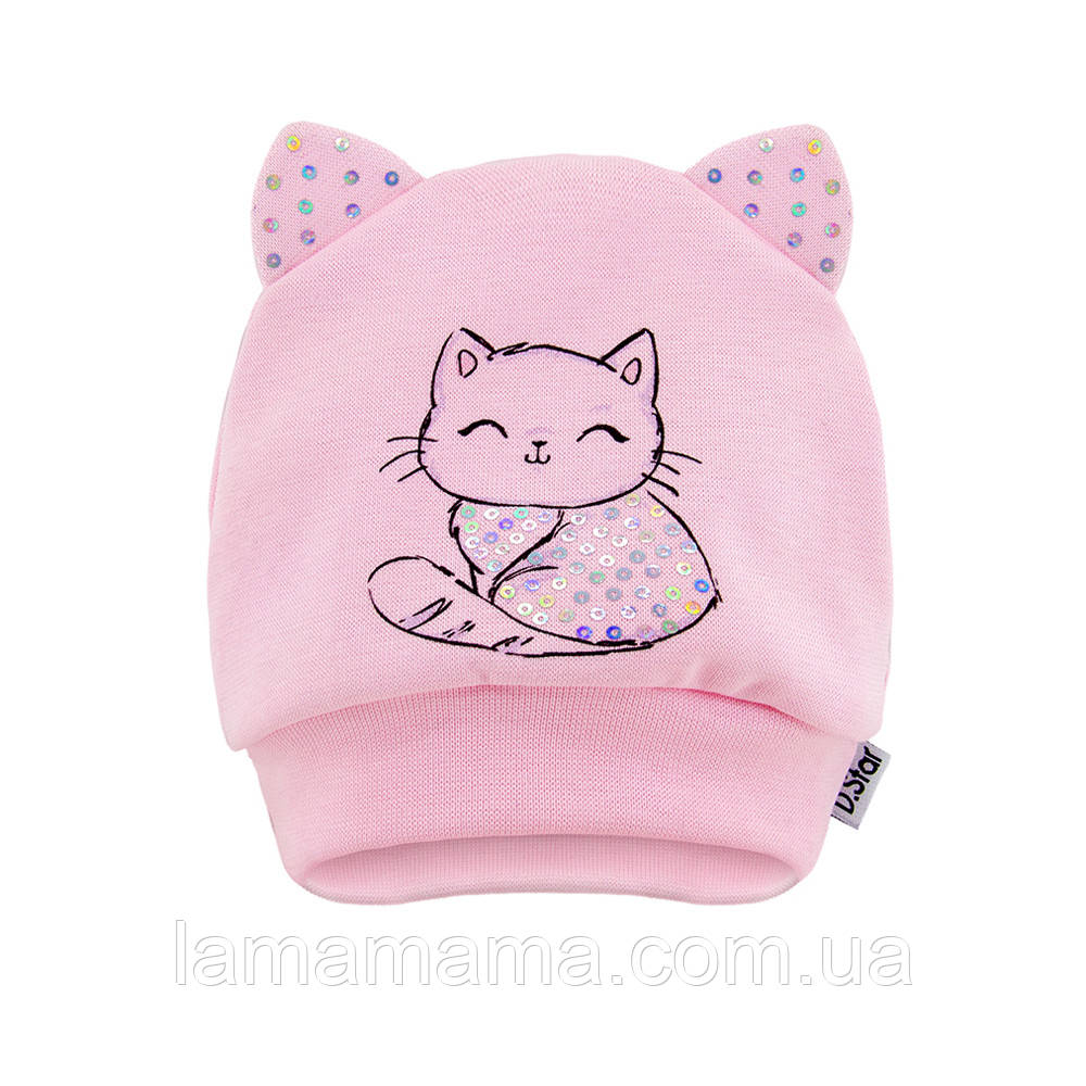 Демісезонна одношарова шапка для новонароджених дівчаток Кошеня на рожевому David's Star, фото 1