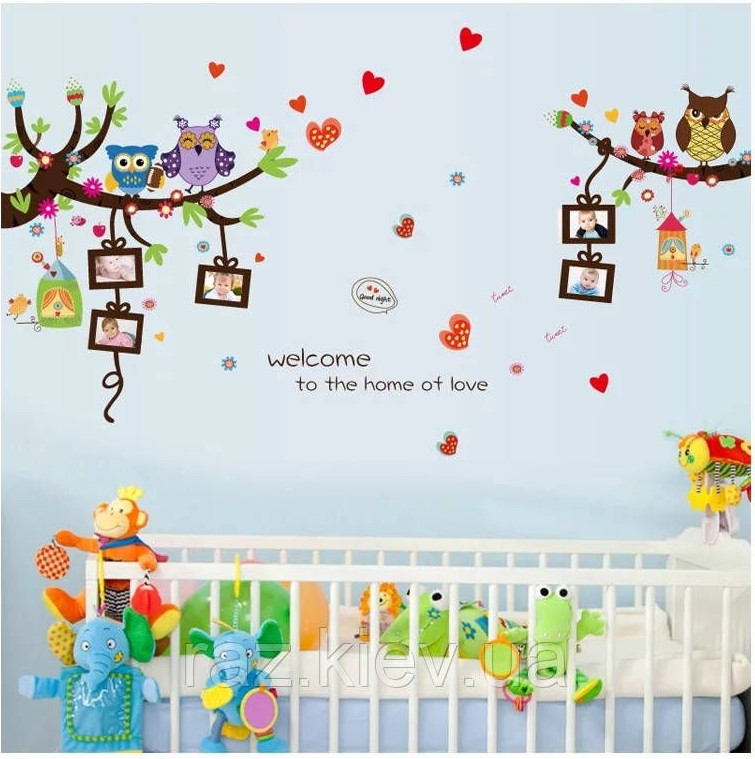 Наклейка на стіну в дитячу, прикраси стіни наклейки сови "сімейство сов" 150 см*81 см (лист60*90см)