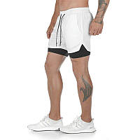 Удобные мужские шорты для спорта со скрытым карманом для телефона Бело-черные, Шорты с тайтсами