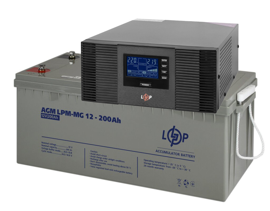 Комплект резервного живлення ДБЖ Logicpower LPM-PSW-1500 + АКБ lpm-mg-200 для 20-24ч роботи газового котла