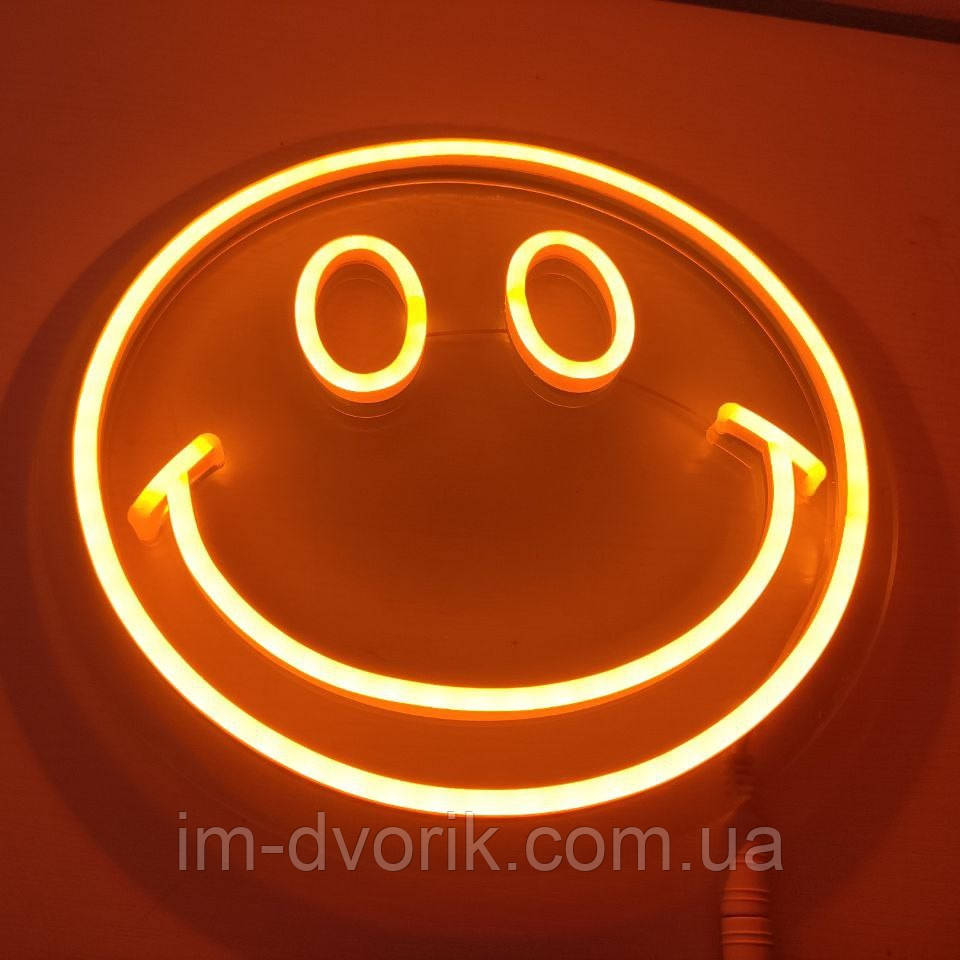 Неонова вивіска Led Смайл жовта 240 мм з блоком живлення та димером