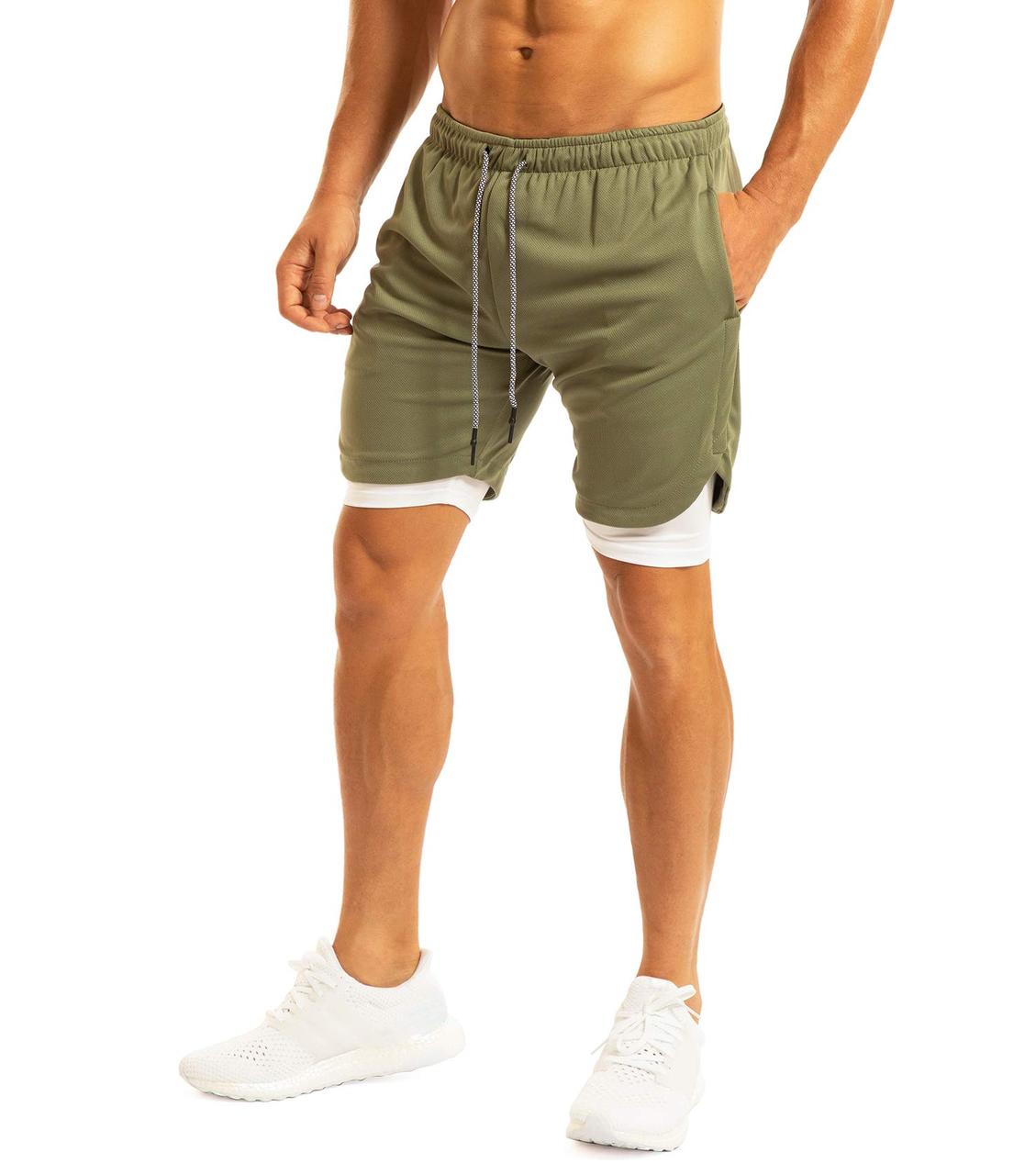 Еластичні спортивні шорти для чоловіків Хакі, Шорти-тайтси зі схованою кишенею для телефону