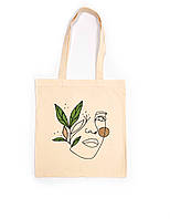 Эко-сумка шоппер Лицо-Растения розпись ручная работа Бежевый, Без застежки, З карманом всередині