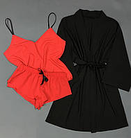 Черный халат и красная пижама, комплект для дома.
