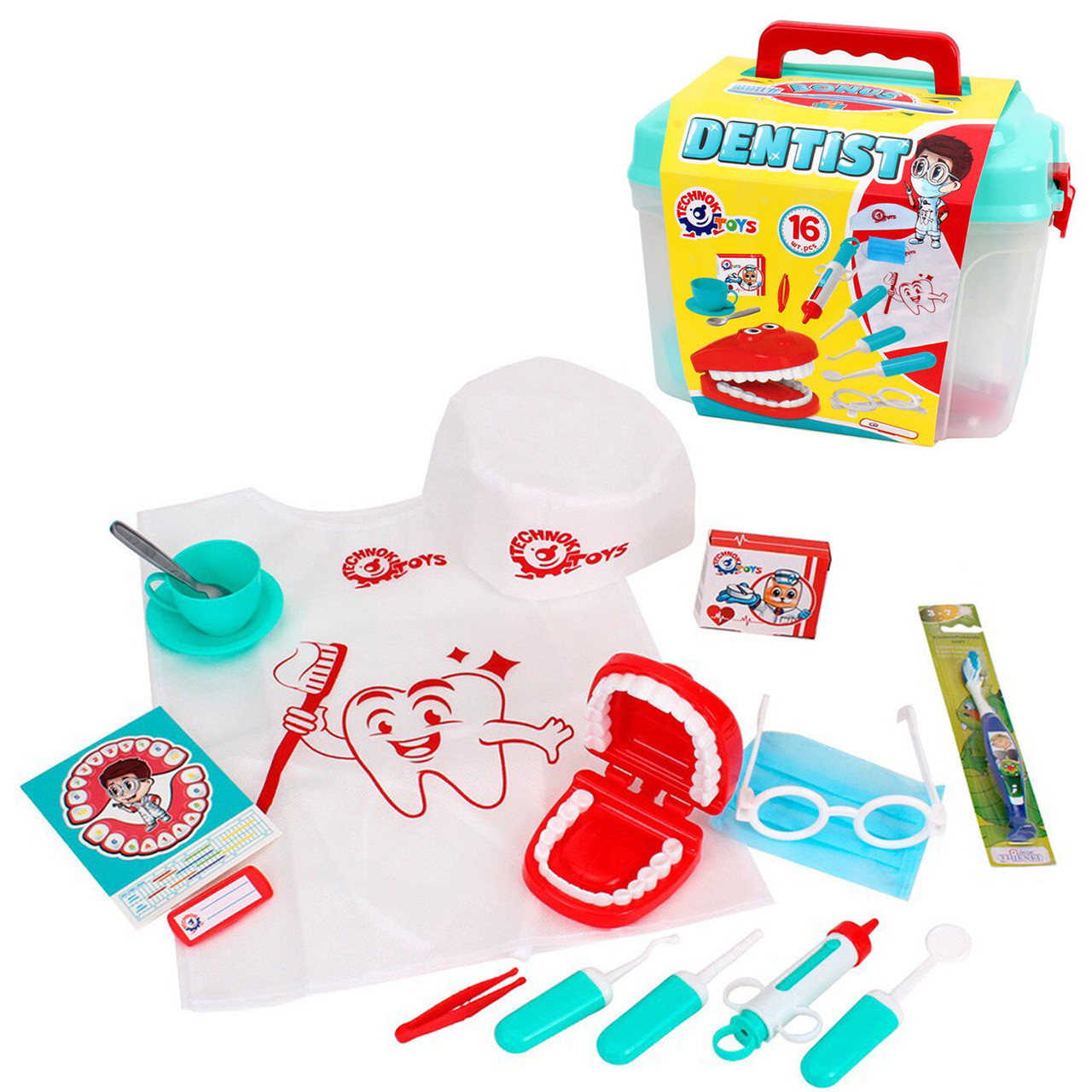 Набір стоматолога "ok Toys" (16 елементів, зубна щітка, халат, шапочка, інструменти, у валізі) 7365, фото 1