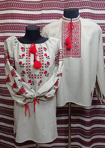 Вишиванки (льон меланж, бежевий) "Коловорот + Квітуча Троянда", фото 4