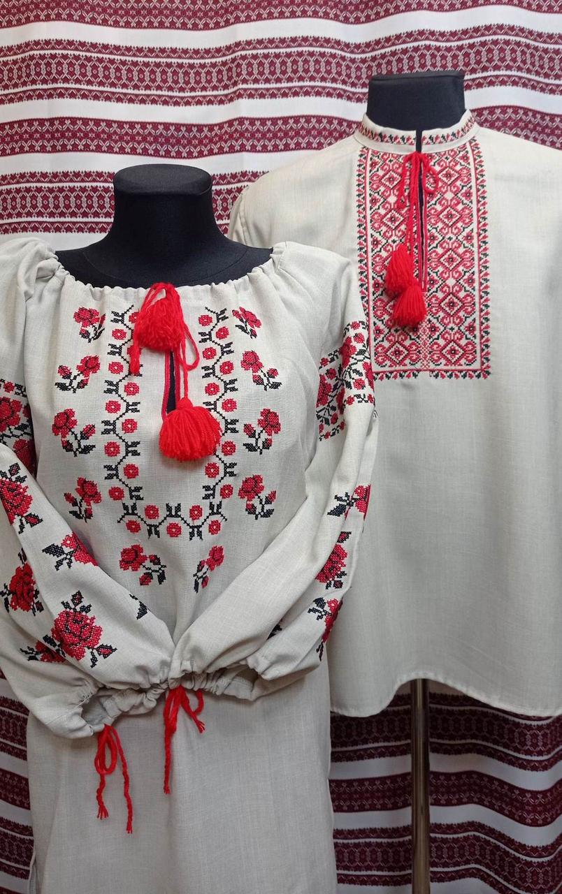 Вишиванки (льон меланж, бежевий) "Коловорот + Квітуча Троянда"