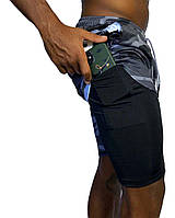 Молодіжні спортивні шорти для чоловіків Сірий камуфляж, Чоловічі шорти з тайтсами, Чоловічі якісні шорти